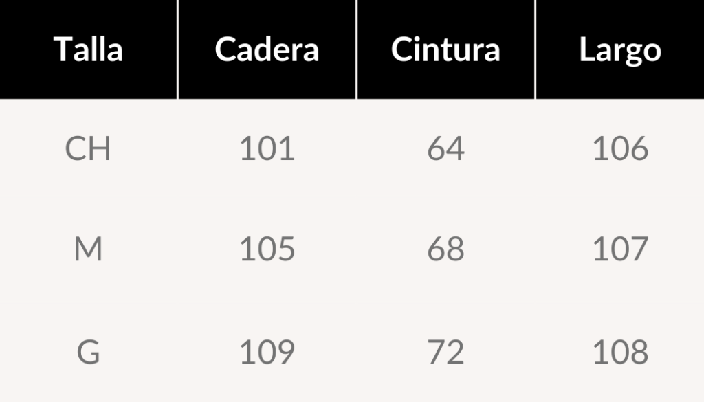 guía de tallas organico pantalón